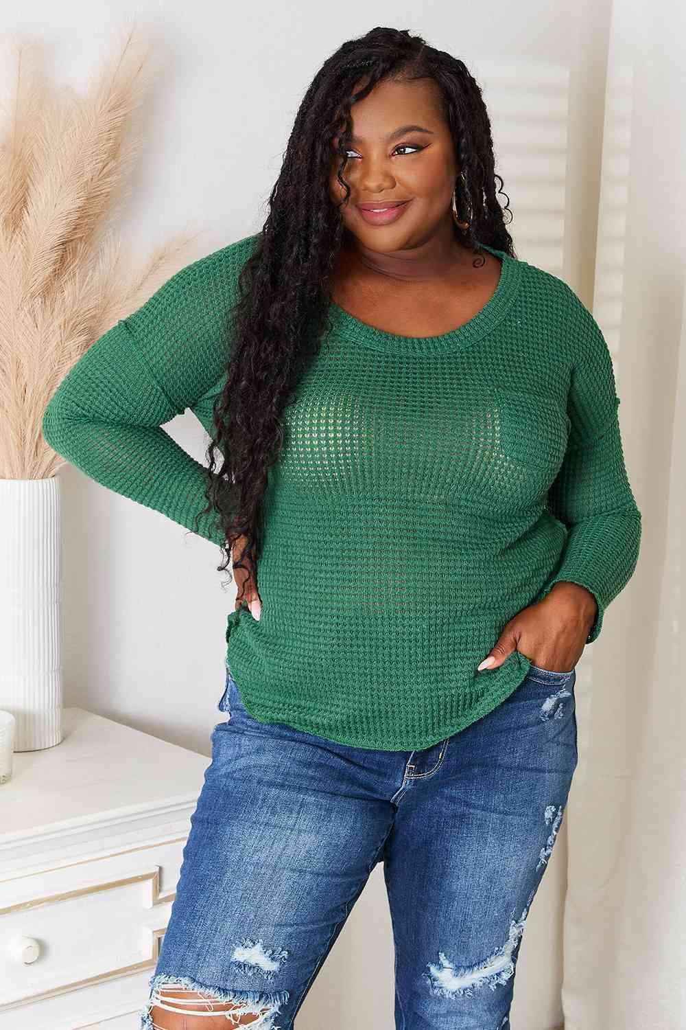 Plus Size Neck Patch Pocket Green Long Sleeve Top - MXSTUDIO.COM