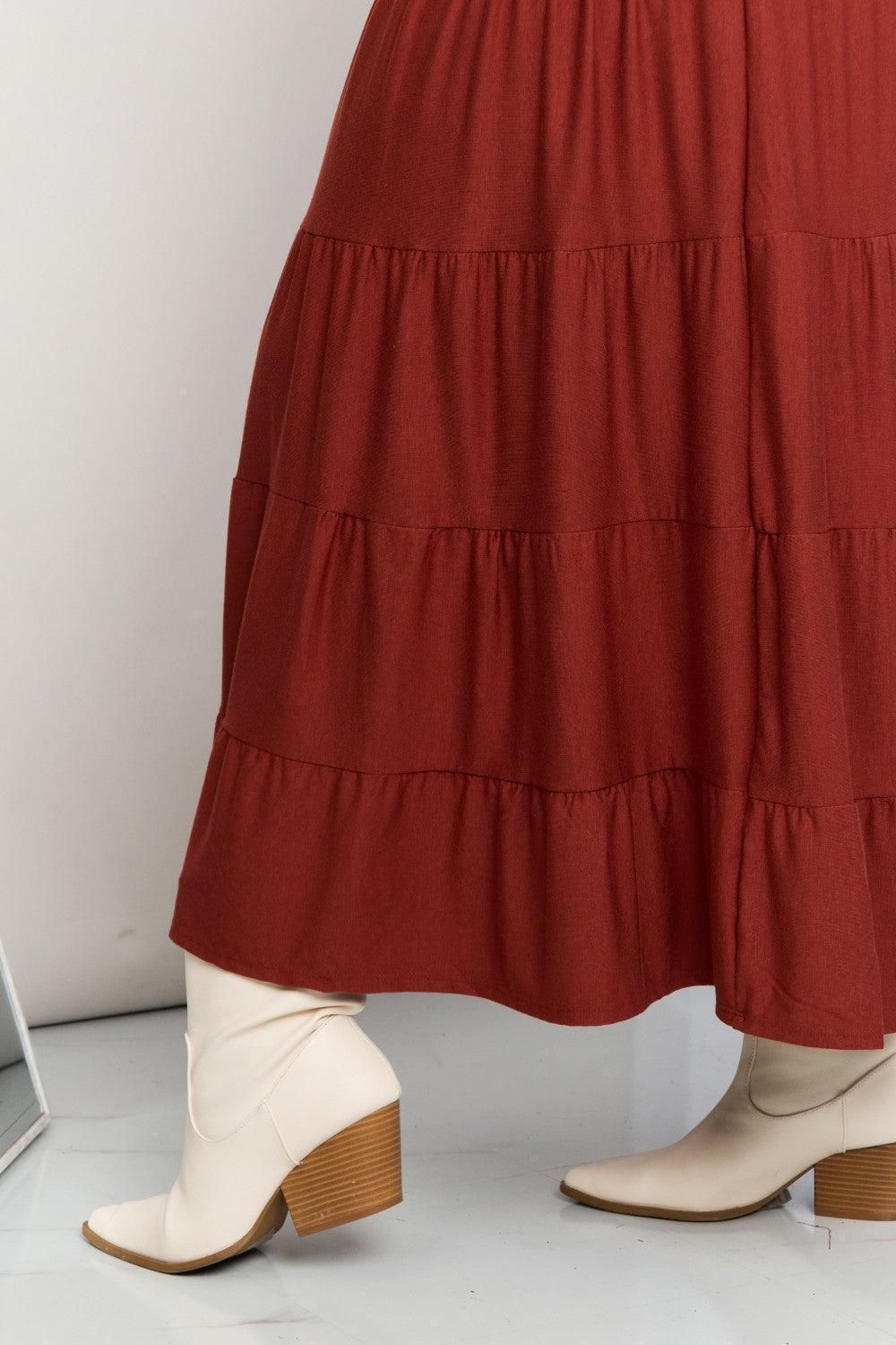 Plus Size Rust Tiered Midi Skirt - MXSTUDIO.COM