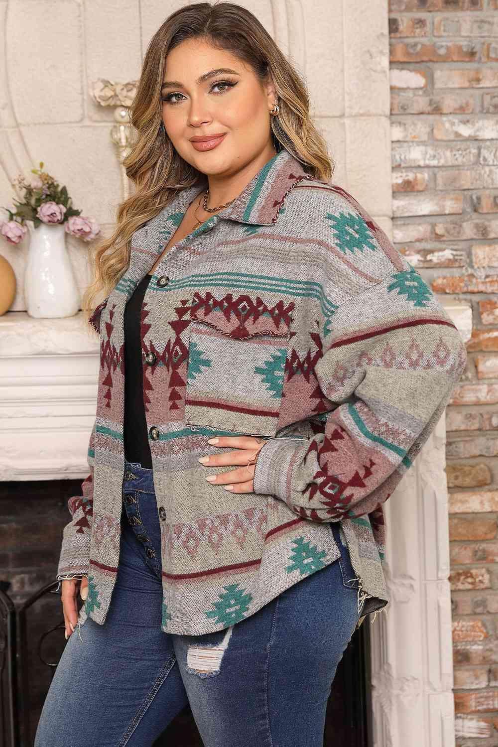 Plus Size Slit Button Up Geometric Jacket - MXSTUDIO.COM