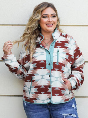 Plus Size Snap Down Women's Geometric Jacket - MXSTUDIO.COM