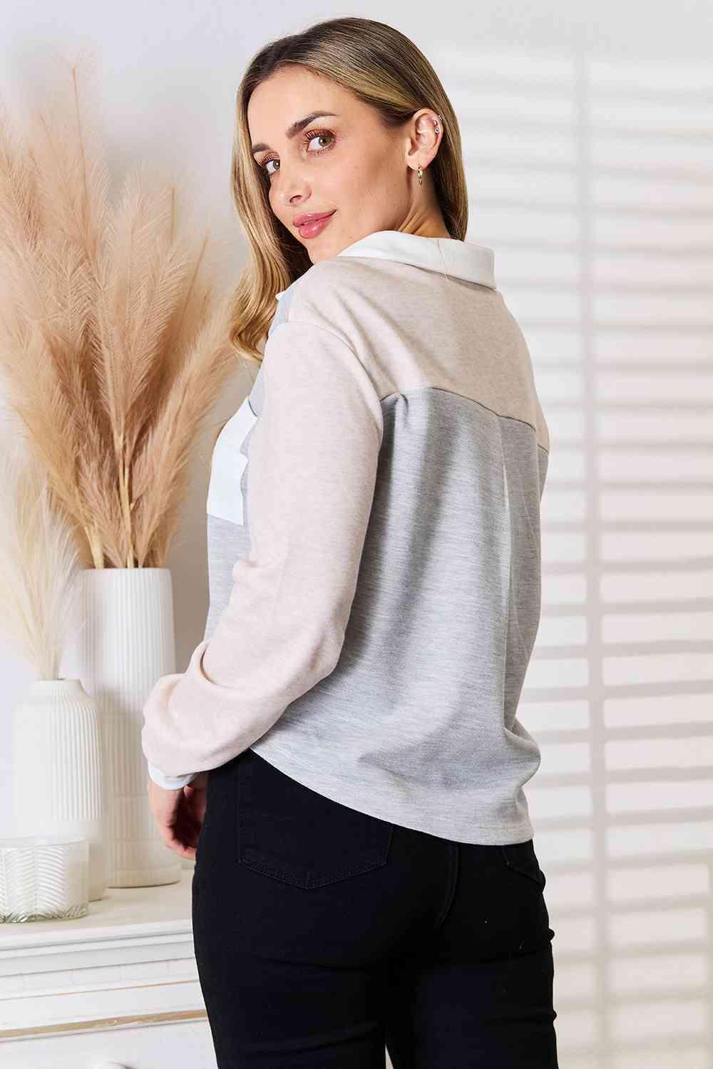 Pocketed Curved Hem Women's Color Block Shirt-MXSTUDIO.COM