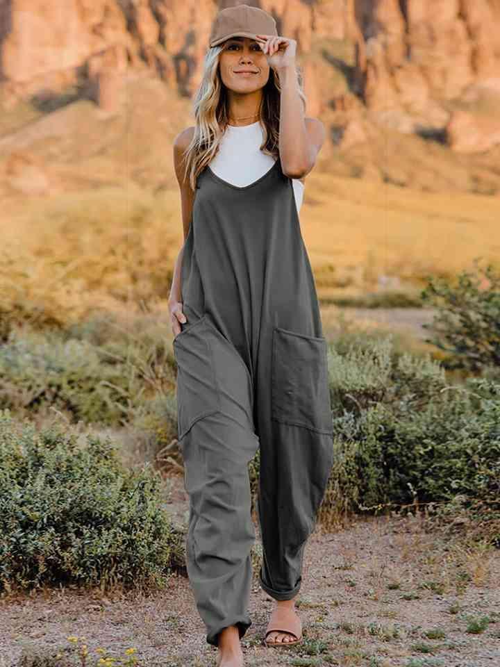 Pocketed Sleeveless V Neck Tapered Overalls - MXSTUDIO.COM