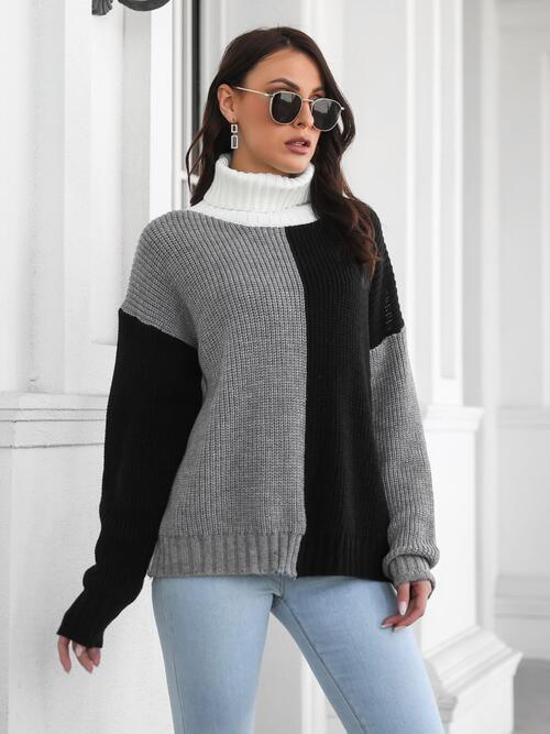 Polished And Warm Color Block Turtleneck Sweater-MXSTUDIO.COM