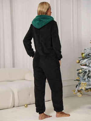 Pom-Pom Trim Zip Front Hooded Lounge Jumpsuit - MXSTUDIO.COM