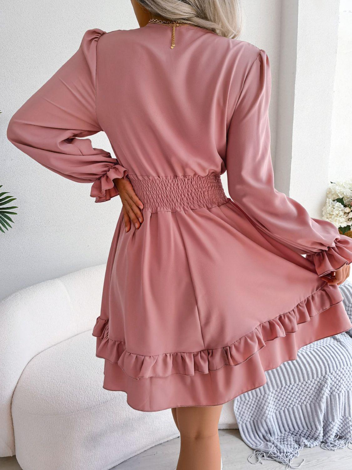 Posh Tie Front Ruffle Flounce Sleeve Dress - MXSTUDIO.COM