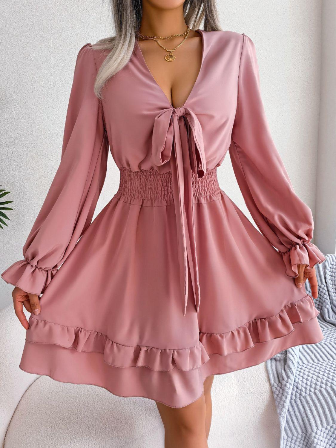 Posh Tie Front Ruffle Flounce Sleeve Dress - MXSTUDIO.COM