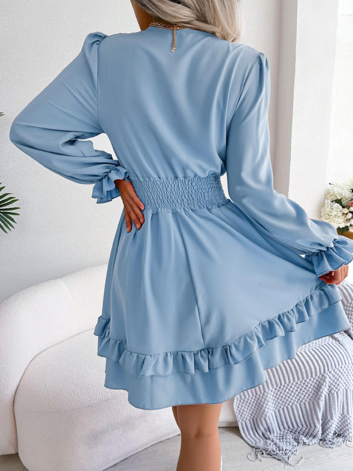 Posh Tie Front Ruffle Flounce Sleeve Dress - MXSTUDIO.COM