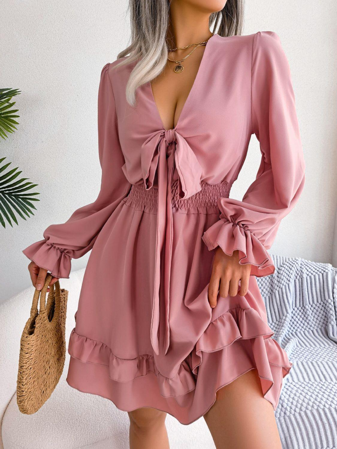 Posh Tie Front Ruffle Flounce Sleeve Dress - MXSTUDIO.COM