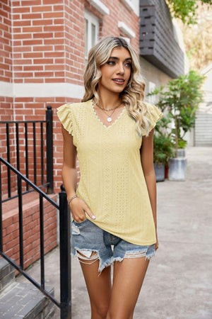 Positive Energy V Neck Flutter Sleeve Blouse - MXSTUDIO.COM