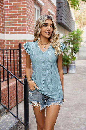 Positive Energy V Neck Flutter Sleeve Blouse - MXSTUDIO.COM