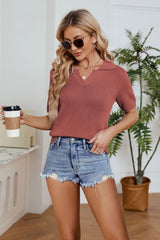 Positive Vibe Knit Notched Short Sleeve Top - MXSTUDIO.COM