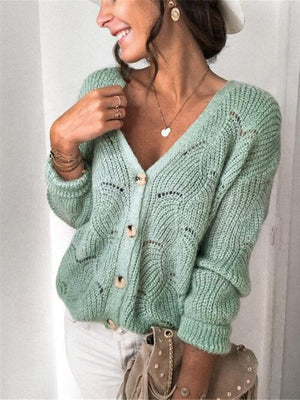 Praiseworthy Buttoned Knitted V Neck Cardigan-MXSTUDIO.COM