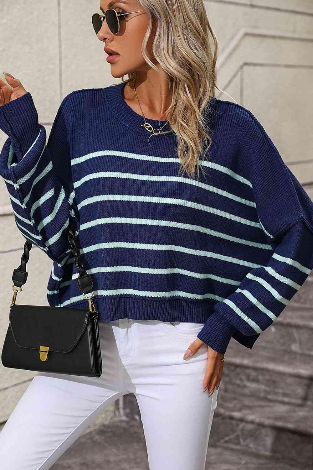 Preppy Chic Crew Neck Striped Pullover Sweater-MXSTUDIO.COM