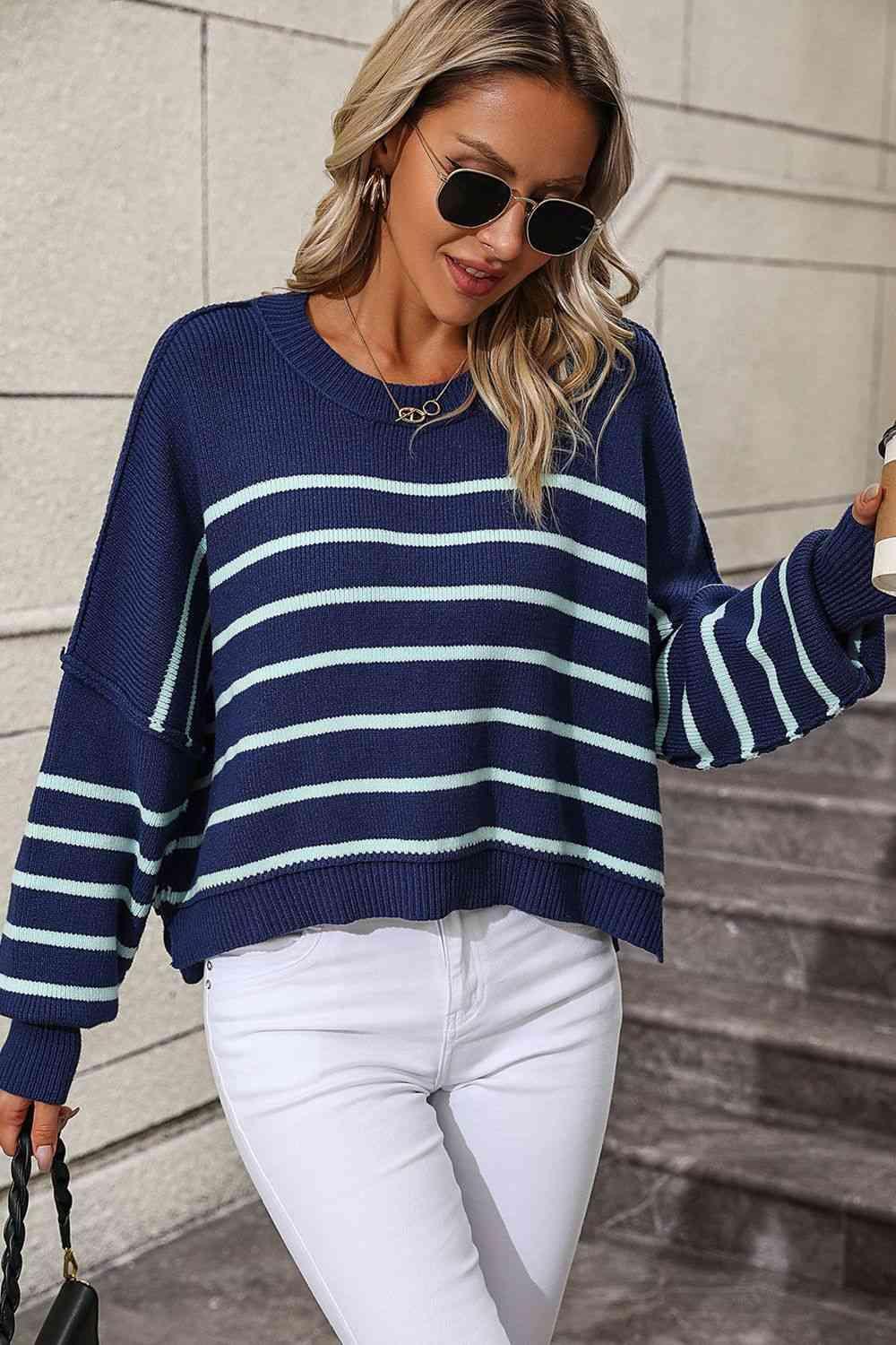 Preppy Chic Crew Neck Striped Pullover Sweater-MXSTUDIO.COM