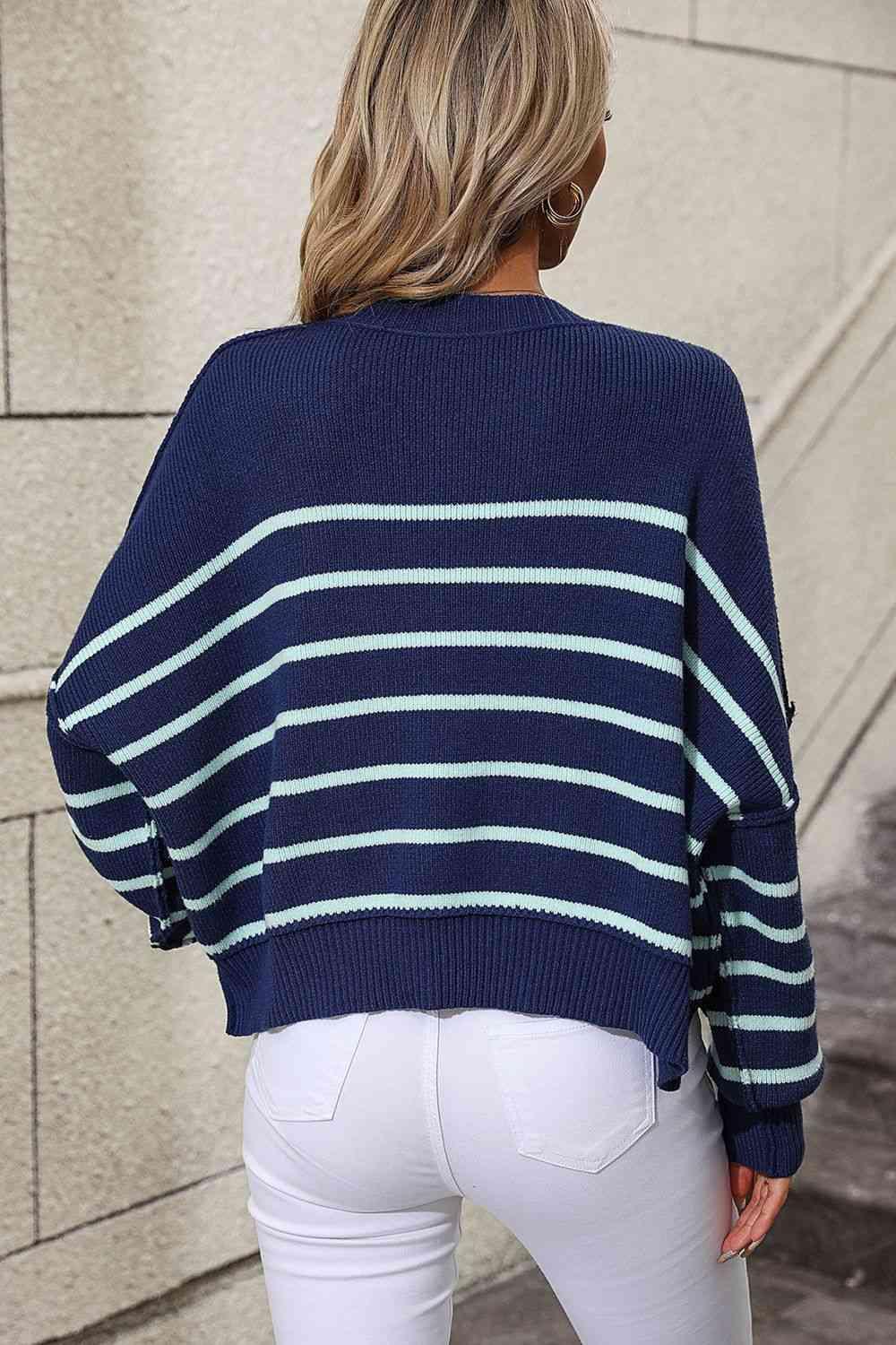 Preppy Chic Crew Neck Striped Pullover Sweater-MXSTUDIO.COM