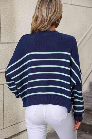 Preppy Chic Crew Neck Striped Pullover Sweater-MXSTUDIO.COM