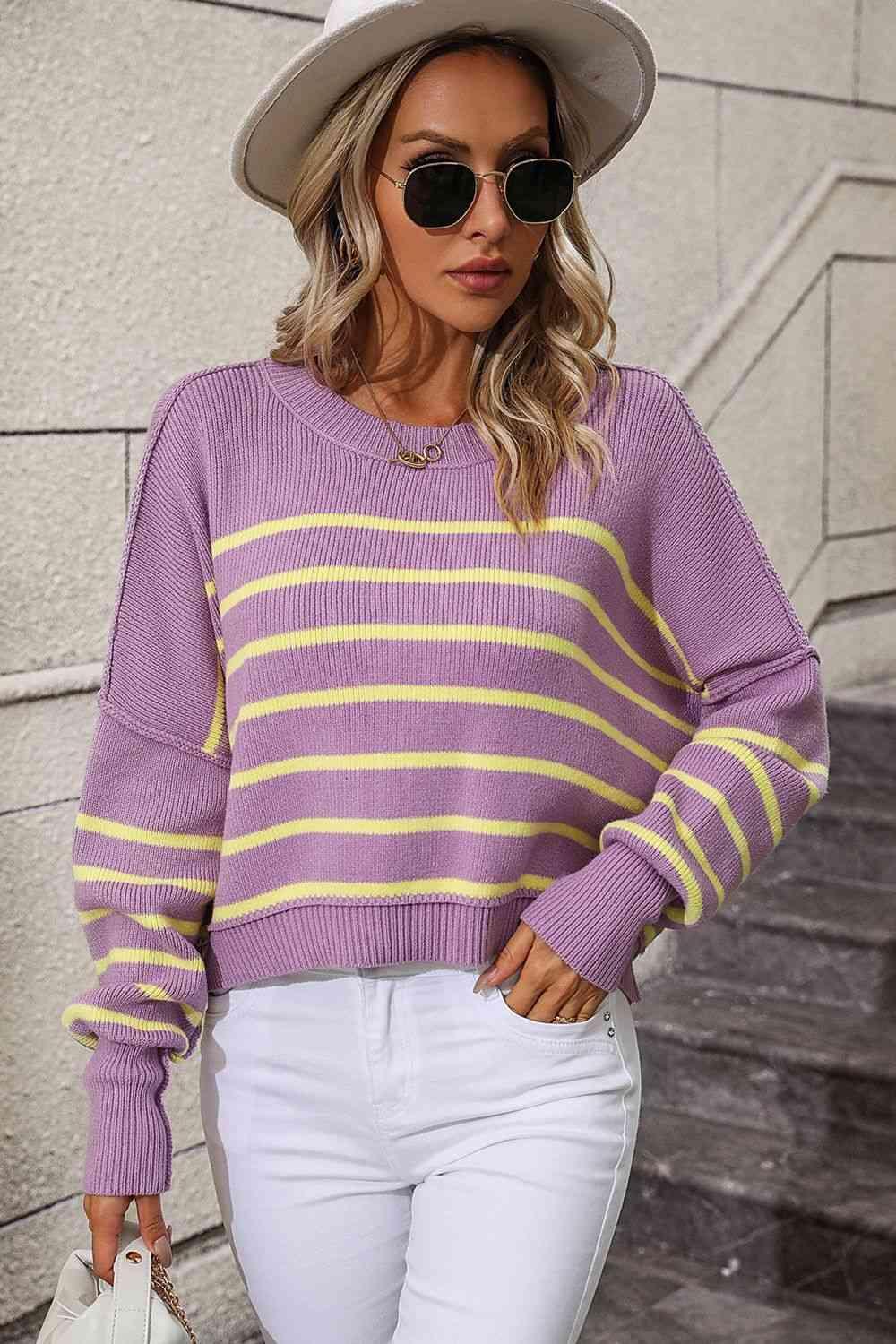 Preppy Chic Crew Neck Striped Pullover Sweater-MXSTUDIO.COM