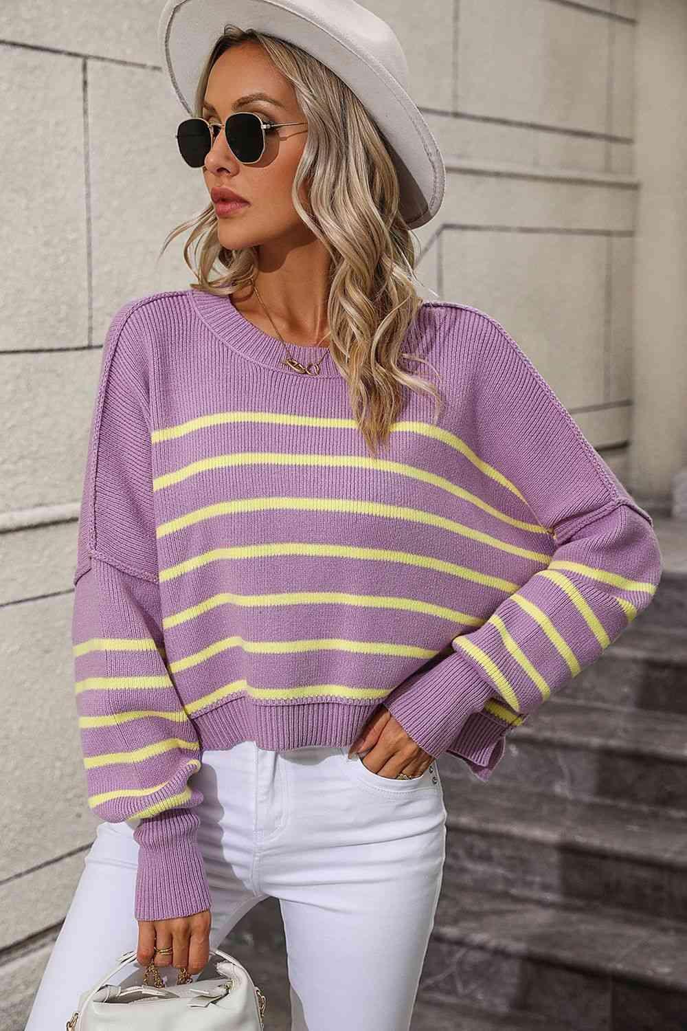 Preppy Chic Crew Neck Striped Pullover Sweater-MXSTUDIO.COM