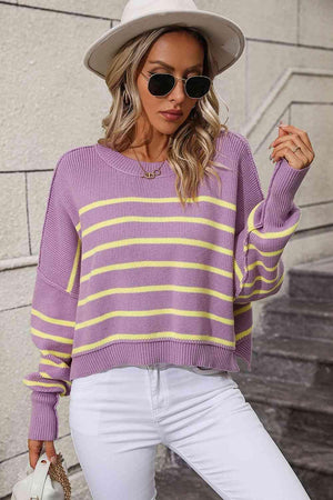 Preppy Chic Crew Neck Striped Pullover Sweater-MXSTUDIO.COM