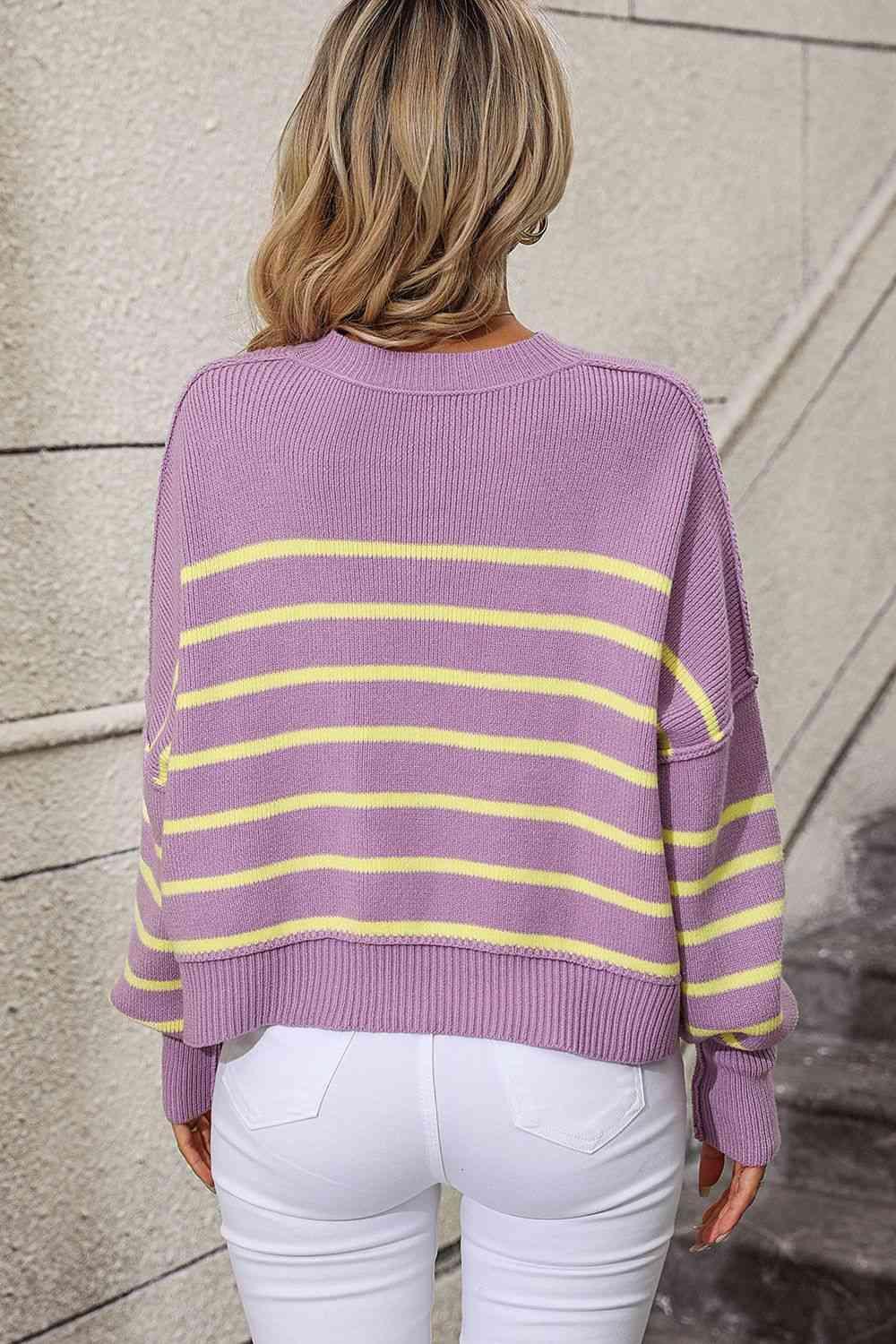 Preppy Chic Crew Neck Striped Pullover Sweater-MXSTUDIO.COM