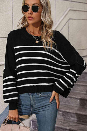 Preppy Chic Crew Neck Striped Pullover Sweater-MXSTUDIO.COM