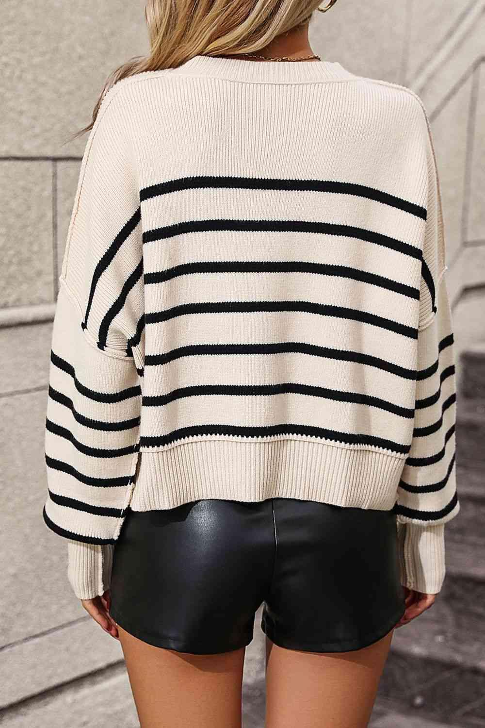 Preppy Chic Crew Neck Striped Pullover Sweater-MXSTUDIO.COM