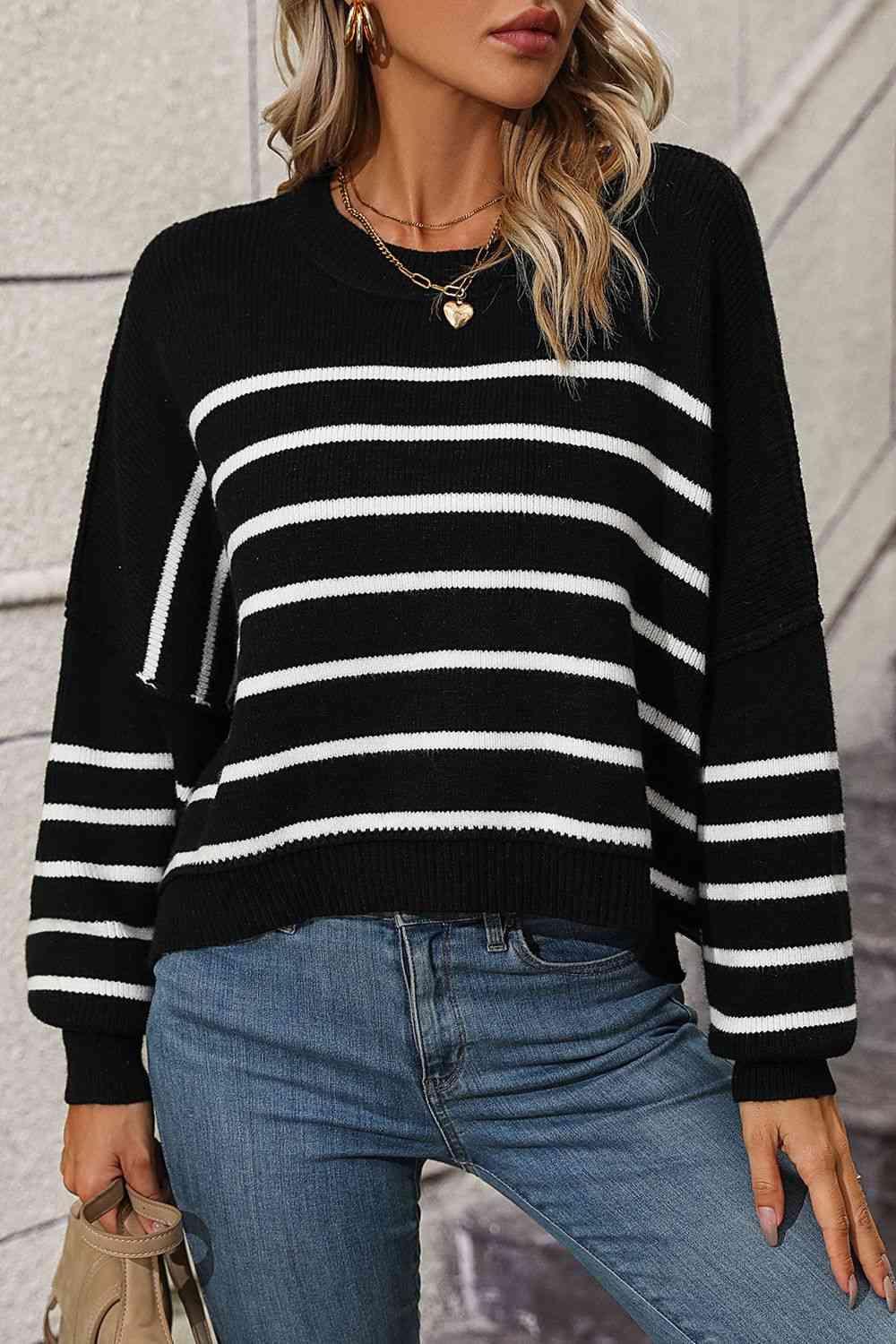 Preppy Chic Crew Neck Striped Pullover Sweater-MXSTUDIO.COM