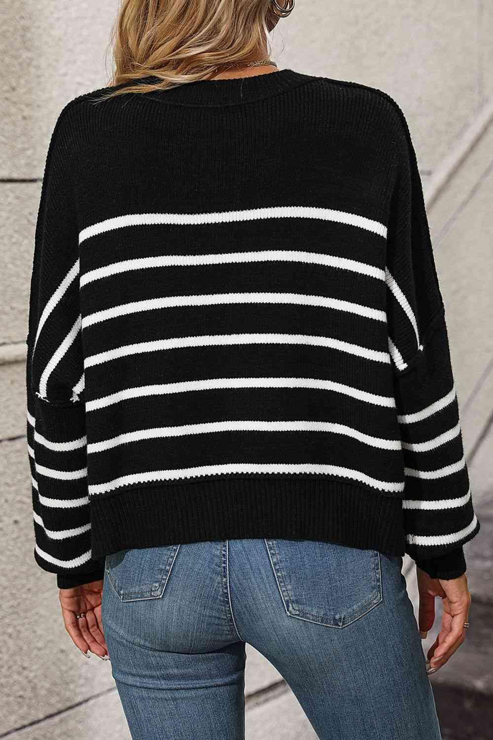 Preppy Chic Crew Neck Striped Pullover Sweater-MXSTUDIO.COM