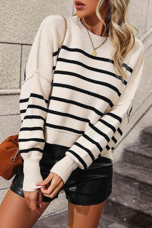 Preppy Chic Crew Neck Striped Pullover Sweater-MXSTUDIO.COM