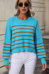 Preppy Chic Crew Neck Striped Pullover Sweater-MXSTUDIO.COM