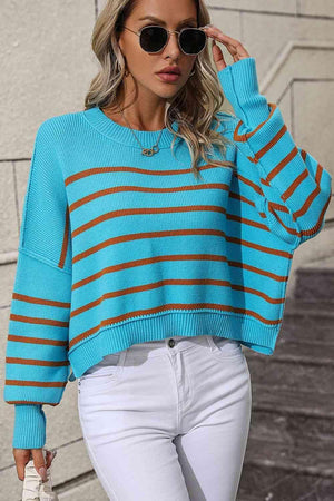 Preppy Chic Crew Neck Striped Pullover Sweater-MXSTUDIO.COM