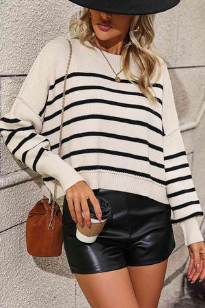 Preppy Chic Crew Neck Striped Pullover Sweater-MXSTUDIO.COM