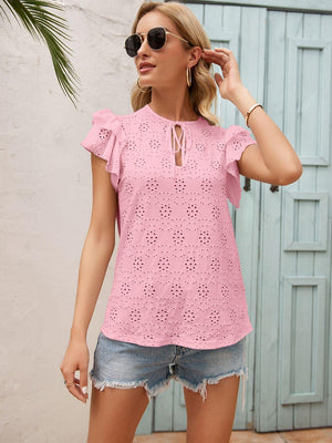 Pretty In Pink Flutter Sleeve Eyelet Blouse - MXSTUDIO.COM