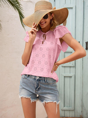 Pretty In Pink Flutter Sleeve Eyelet Blouse - MXSTUDIO.COM