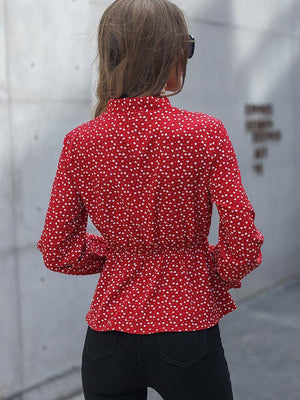 Pretty Peplum Red Long Sleeve Blouse - MXSTUDIO.COM