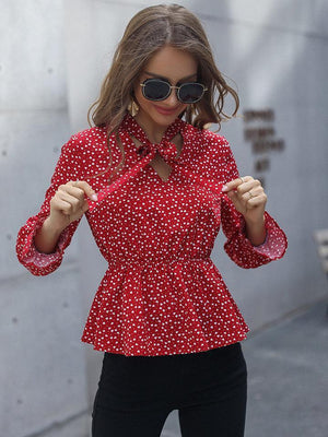 Pretty Peplum Red Long Sleeve Blouse - MXSTUDIO.COM