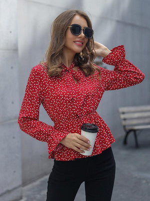 Pretty Peplum Red Long Sleeve Blouse - MXSTUDIO.COM