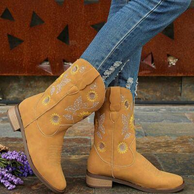a pair of women's cowboy boots with sunflowers on them