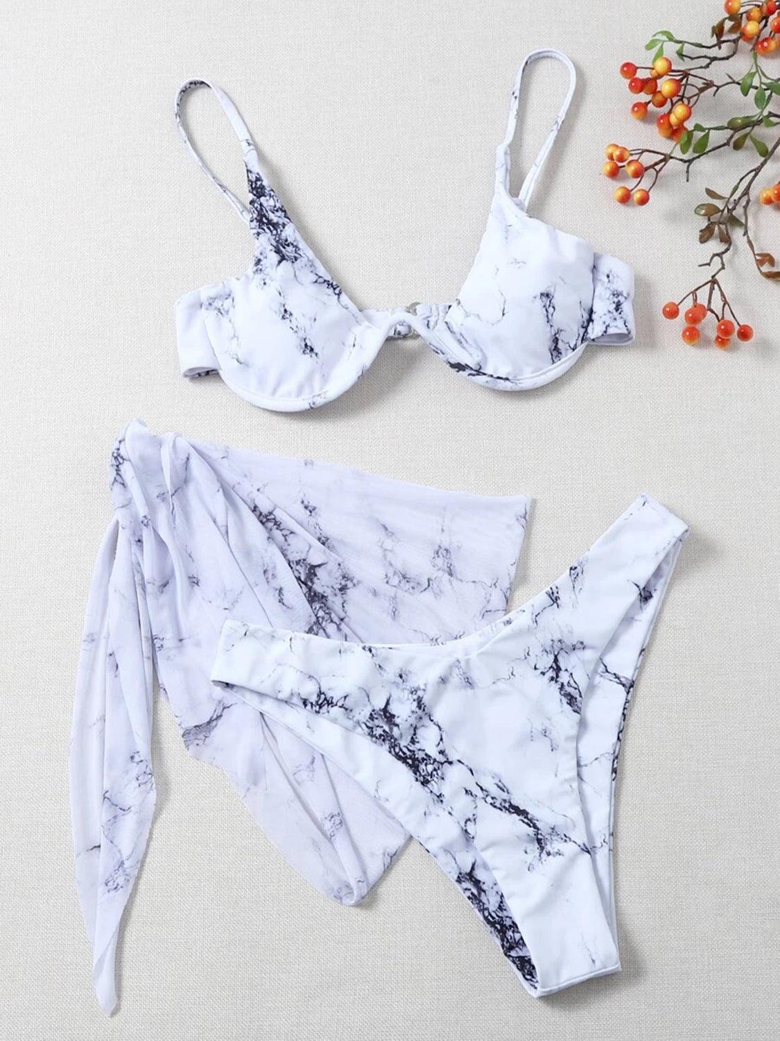 two pieces of white and black marble bikinisuits