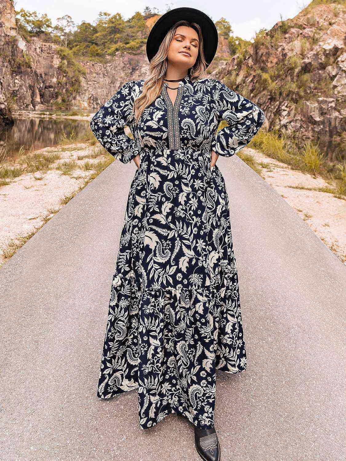 Printed Dark Navy Plus Size Long Sleeve Dress - MXSTUDIO.COM