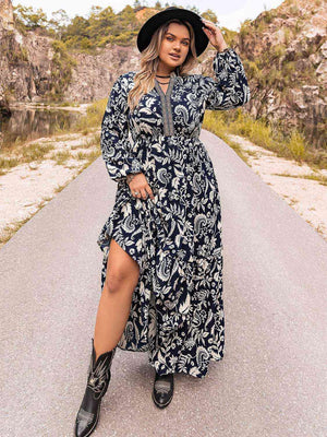 Printed Dark Navy Plus Size Long Sleeve Dress - MXSTUDIO.COM