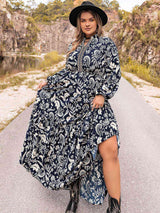 Printed Dark Navy Plus Size Long Sleeve Dress - MXSTUDIO.COM