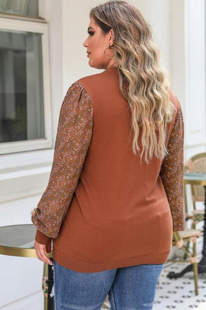 Printed Long Sleeve Plus Size Brown Blouse - MXSTUDIO.COM