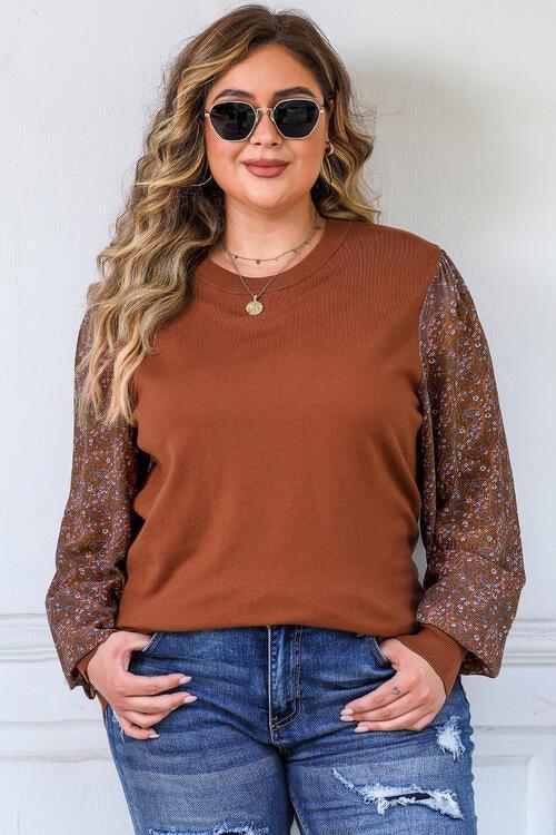 Printed Long Sleeve Plus Size Brown Blouse - MXSTUDIO.COM