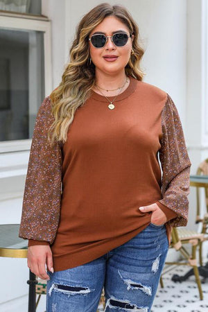 Printed Long Sleeve Plus Size Brown Blouse - MXSTUDIO.COM