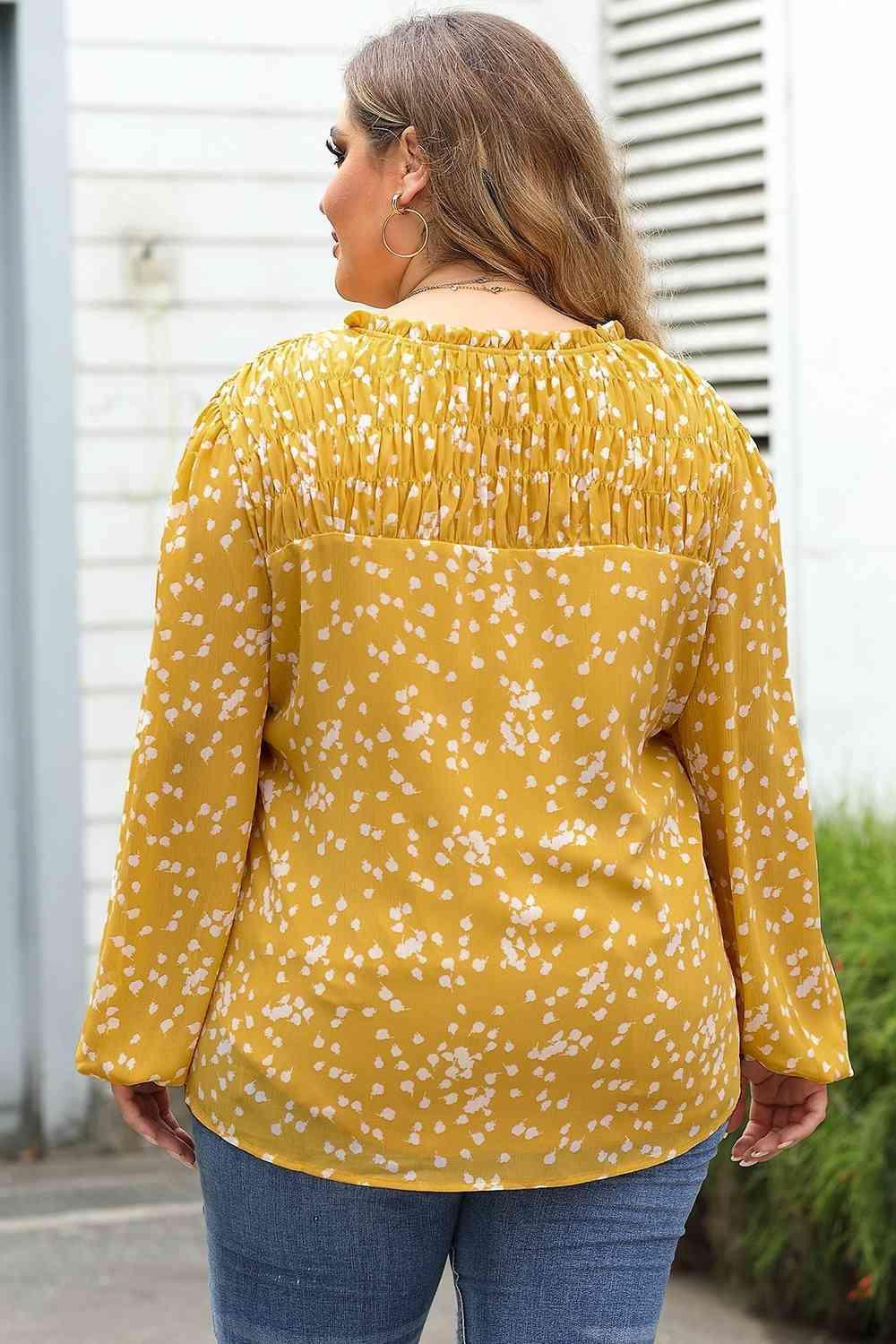 Printed Notched Neck Plus Size Smocked Blouse - MXSTUDIO.COM