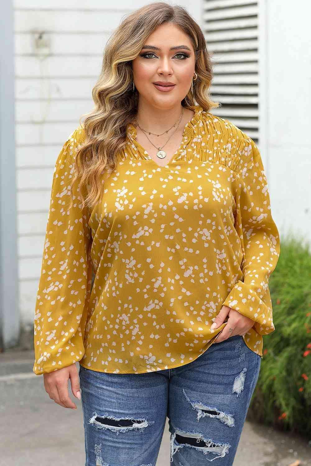 Printed Notched Neck Plus Size Smocked Blouse - MXSTUDIO.COM