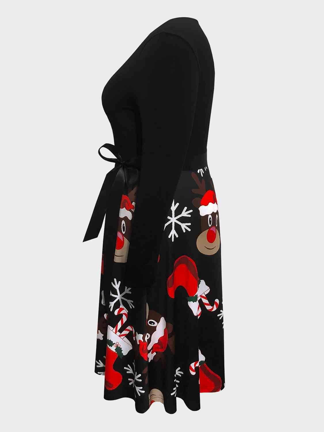 Printed Tie Front Plus Size Black Christmas Dress-MXSTUDIO.COM