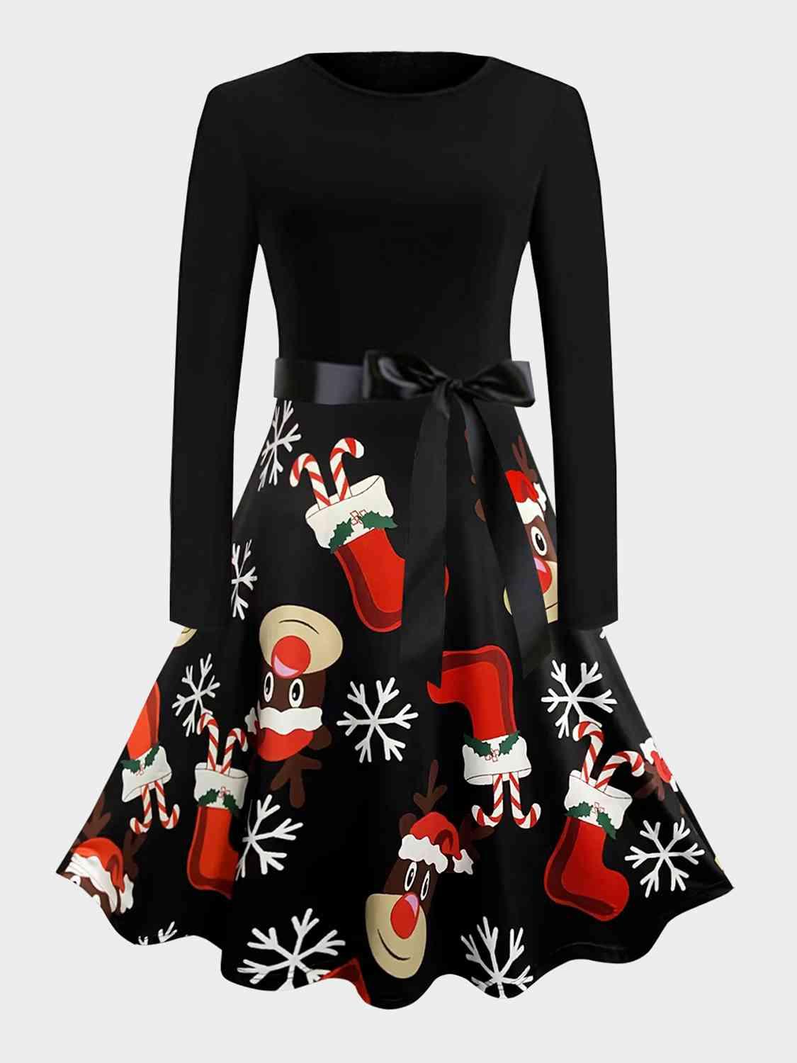 Printed Tie Front Plus Size Black Christmas Dress-MXSTUDIO.COM