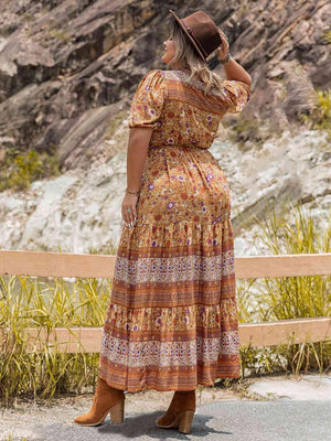 Printed Tie Waist Plus Size Puff Sleeve Dress - MXSTUDIO.COM